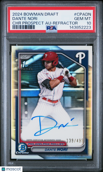 2024 Bowman Draft Chrome Prospect Autographs Dante Nori #CPADN Refractor /499 PSA 10