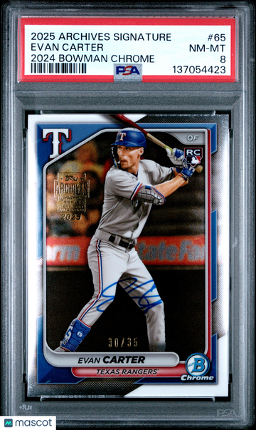 2025 Topps Archives Signature Series Evan Carter #65 2024 Bowman Chrome /35 PSA 8