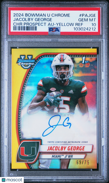 2024 Bowman University Chrome Bowman Chrome Prospect Autographs Jacolby George #PAJGE Chr Prospect Au-Yellow Ref PSA 10