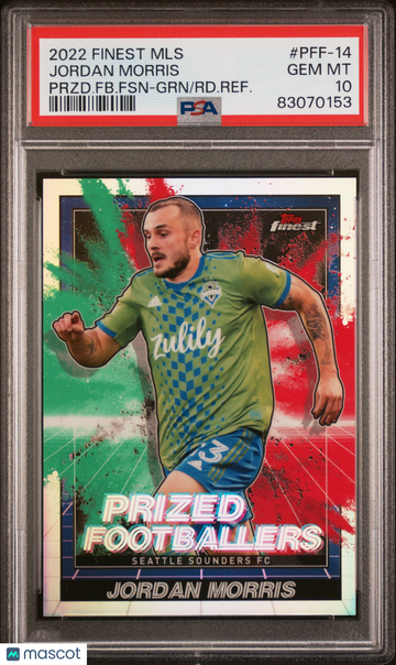 2022 Topps Finest MLS Prized Footballers Fusion Jordan Morris #PFF-14 Przd. FB. FSN GRN RD. Refractor PSA 10