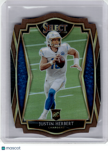 2021 Panini Select Prizm Premier Level Football—Justin Herbert #144 Blue Die-Die Cut RC 074/355—Very Good