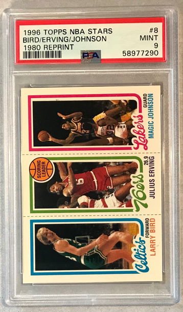 Larry Bird / Magic Johnson / Julius Erving 1980 Rookie Reprint 1996 Topps NBA Stars #8 - PSA 9 MINT 