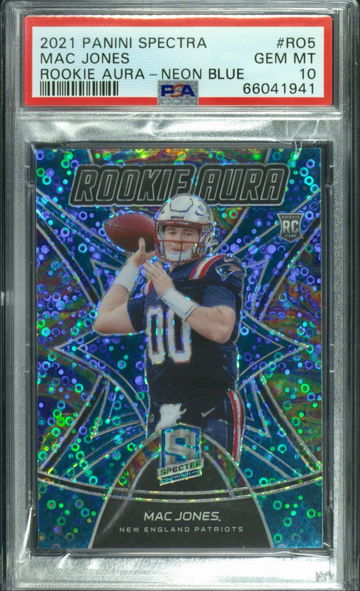 2021 Panini Spectra Mac Jones Rookie Aura Neon Blue 36/60 PSA 10 Gem Mint RC 