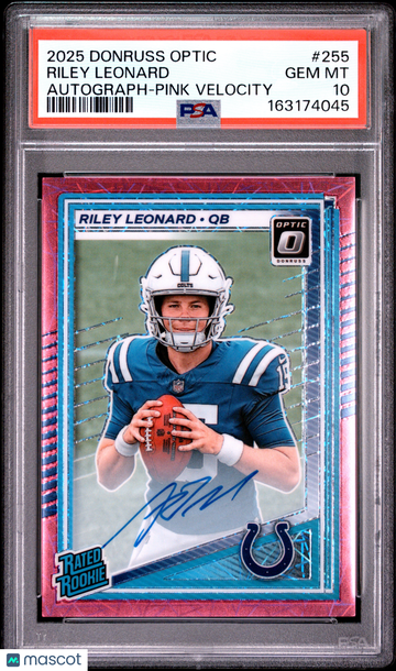 2025 Panini Donruss Optic Riley Leonard #255 Autograph Pink Velocity PSA 10