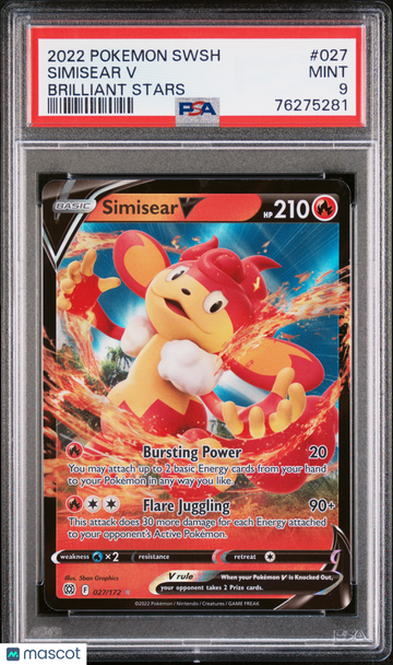 2022 Pokemon Sword & Shield Brilliant Stars Simisear V Brilliant Stars PSA 9 #027