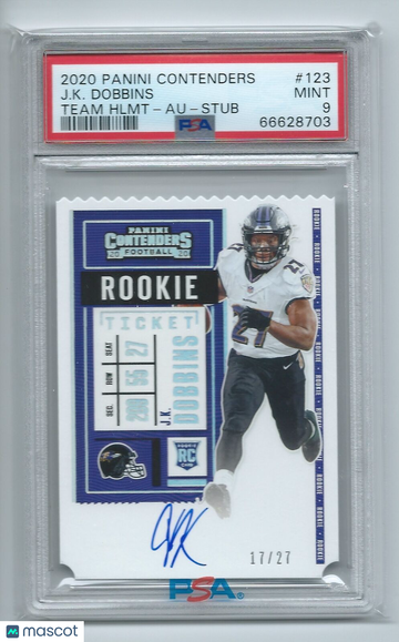 2020 Panini Contenders J. K. Dobbins #123 Variation Autograph Stub PSA 9