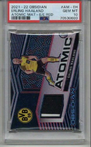 2021 PANINI OBSIDIAN ATOMIC MATERIAL E/E RED ERLING HAALAND 08/25 PSA 10