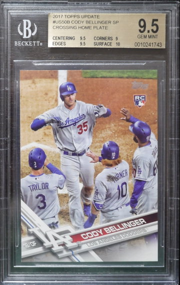 BGS 9.5 - 2017 TOPPS UPDATE CODY BELLINGER RC #US50B SP CROSSING HOME PLATE HIGH FIVE