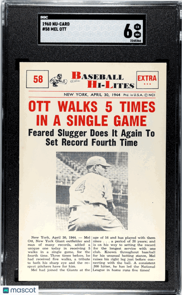 1960 Nu-Card Mel Ott #58 SGC 6