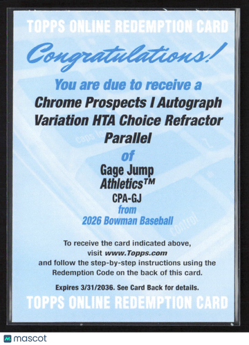 2026 Bowman Baseball Gage Jump #CPA-GJ HTA Choice Refractor Redemption