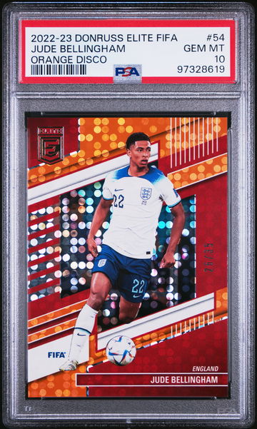 2022-23 PANINI DONRUSS ELITE FIFA JUDE BELLINGHAM #/25 ORANGE DISCO #54 PSA 10
