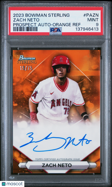 2023 Bowman Sterling Prospect Autographs Zach Neto Orange Ref 19/75 #PAZN PSA 9