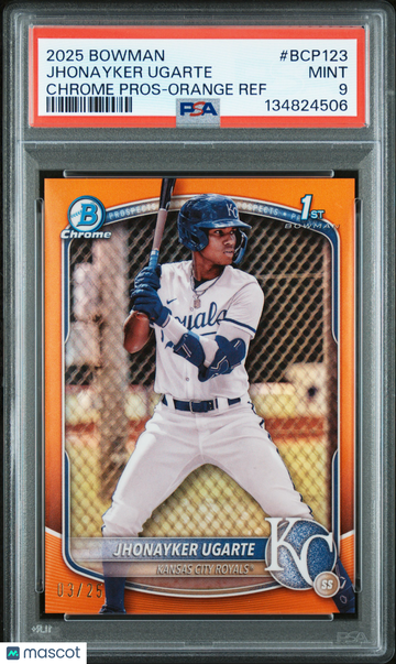 2025 Bowman Chrome Prospects Jhonayker Ugarte #BCP123 Orange Ref /25 PSA 9