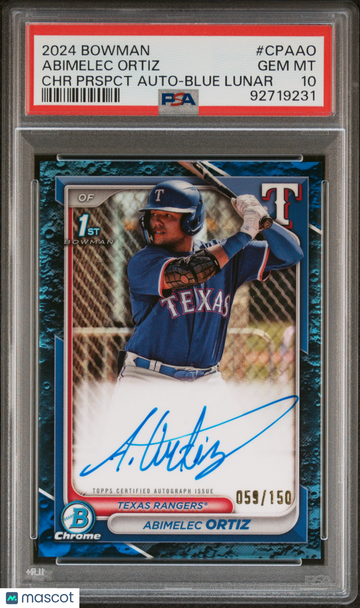 2024 Bowman Chrome Prospect Autographs Abimelec Ortiz #CPAAO Prspct Blu Lunar Ref /150 PSA 10