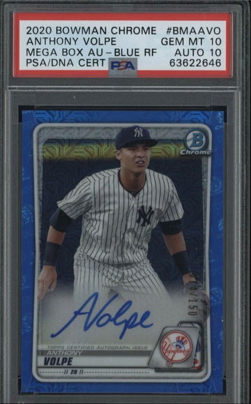 2020 Bowman Chrome Mega Box Blue Refractor Anthony Volpe RC AUTO /150 PSA 10