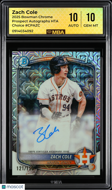 2025 Bowman Chrome Prospect Autographs Zach Cole #CPAZC HTA Choice /150 MBA 10