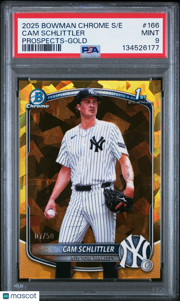 2025 Bowman Chrome Sapphire Edition Prospects Cam Schlittler #166 Gold /50 PSA 9