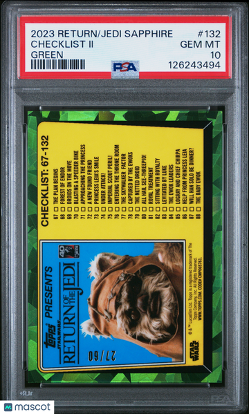 2023 Topps Chrome Sapphire Star Wars Return Of The Jedi Checklist II #132 Green PSA 10