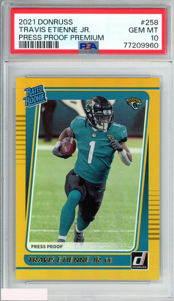 2021 PANINI DONRUSS TRAVIS ETIENNE JR. #258 PRESS PROOF PREMIUM ROOKIE RC PSA 10