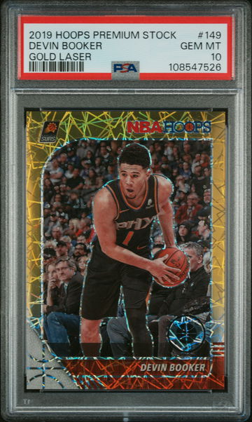 2019 Hoops Premium Stock Devin Booker #149 Gold Laser /10 PSA 10