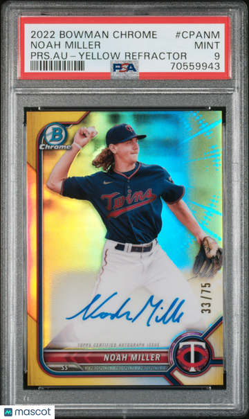 2022 Bowman Chrome Prospect Autographs Noah Miller #CPANM PRS. Au Yellow Refractor /75 PSA 9