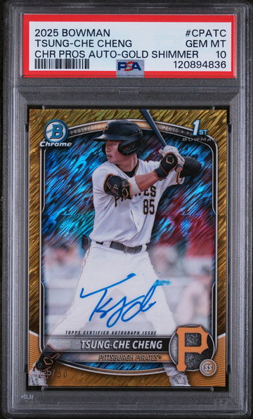 2025 Bowman Chrome Prospect Autograph Gold Shimmer Refractor Tsung-Che Cheng #CPATC /50 PSA 10