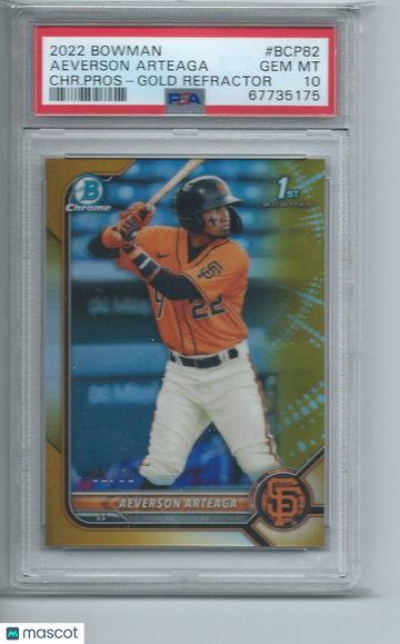 2022 Bowman Chrome Prospects Aeverson Arteaga #BCP82 CHR. Pros Gold Refractor PSA 10