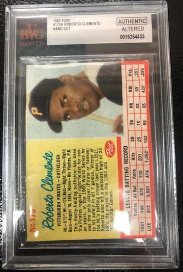 1962 Post Roberto Clemente Red Lines #173A  Authentic Altered Hand Cut