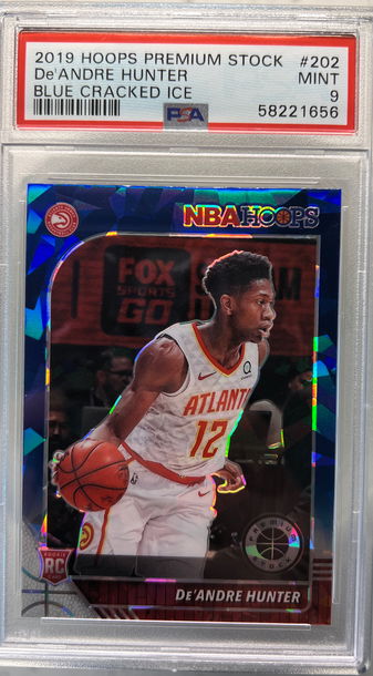 2019 panini hoops premium stock de’andre hunter blue cracked ice psa 9 rc hawks