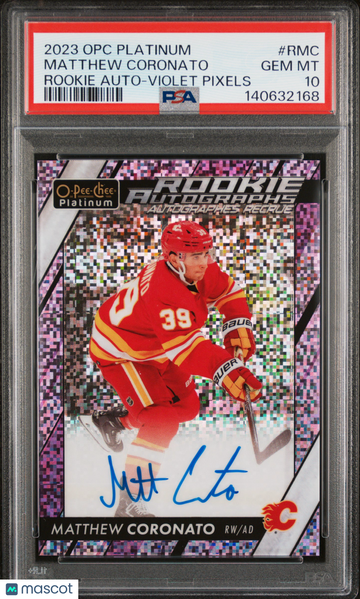 2023-24 O-Pee-Chee Platinum Rookie Autographs Matthew Coronato #RMC Violet Pixels /99 Rookie PSA 10