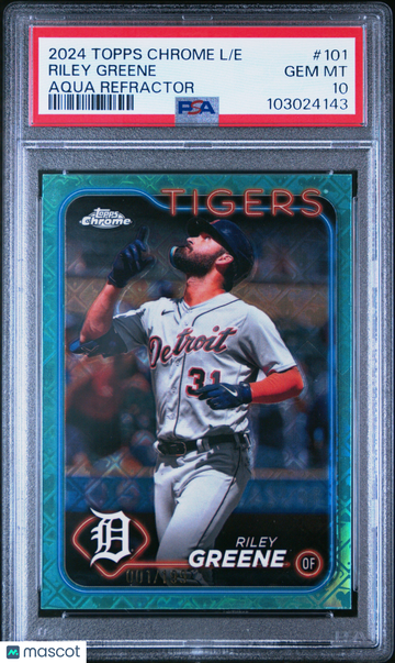 2024 Topps Chrome Logofractor Edition Riley Greene #101 Aqua Refractor 001/1992 PSA 10