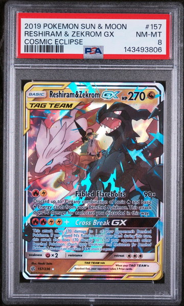 2019 Pokemon Sun and Moon Cosmic Eclipse Reshiram/Zekrom Gx #157 PSA 8