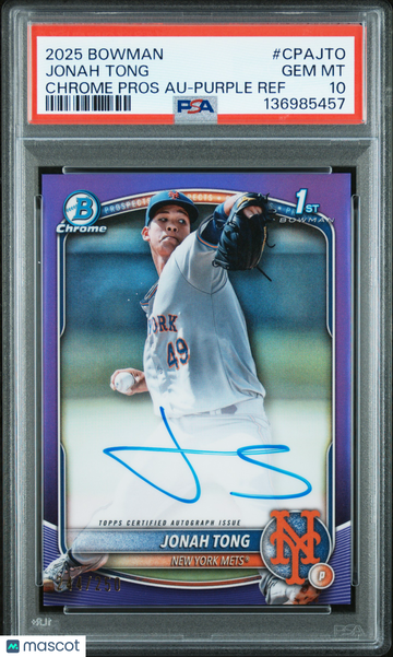 2025 Bowman Chrome Prospect Autographs Jonah Tong #CPAJTO Purple Ref 244/250 PSA 10
