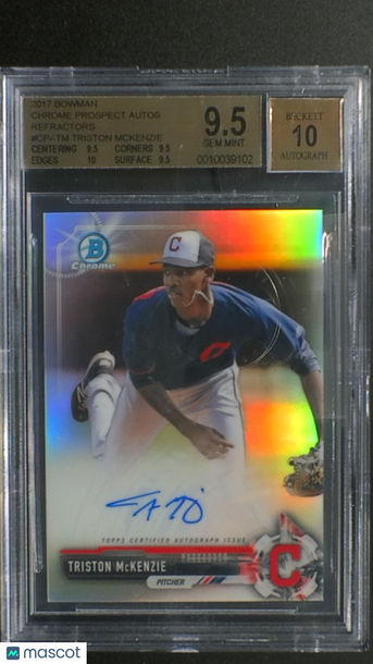 Graded 2017 Bowman Chrome Auto Refractor Triston McKenzie #CPATM BGS 9.5 Auto 10 Baseball Card