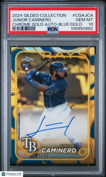 2024 Topps Gilded Collection Topps Chrome Gold Autographs Junior Caminero #CGAJCA Blue 38/50 PSA 10 Auto
