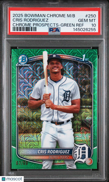2025 Bowman Chrome Mega Box Cris Rodriguez #250 Green Refractor /99 Parallel/Variety Rookie PSA 10
