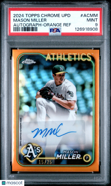 2024 Topps Chrome Update Chrome Baseball Update Series Autographs Mason Miller #ACMM Orange Ref /25 PSA 9