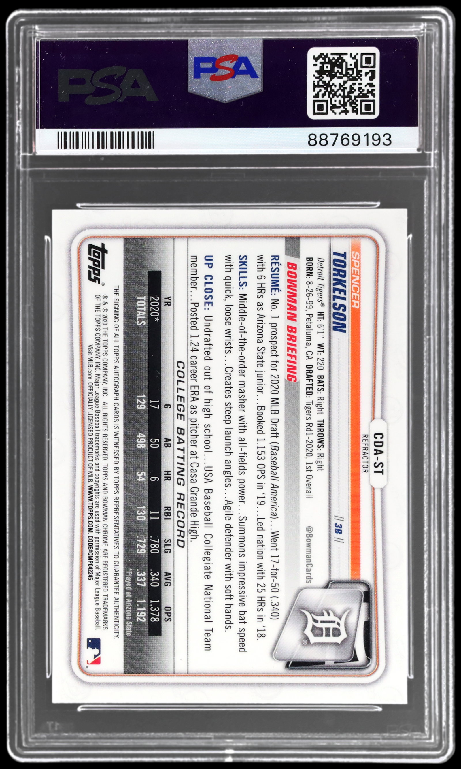 2020 Bowman Draft Spencer Torkelson Chrome Autograph Refractor PSA