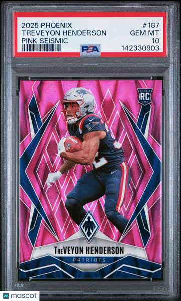 2025 Panini Phoenix Treveyon Henderson #187 Pink Seismic /75 Rookie PSA 10