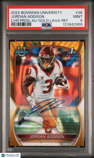 2022 Bowman University Chrome Prospects Jordan Addison #36 Au Gold Lava Ref PSA 9