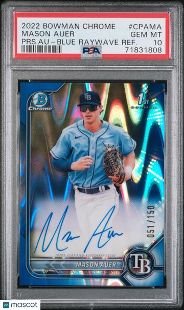 2022 Bowman Chrome Prospect Autographs Mason Auer #CPAMA PRS. Au Blue Raywave Refractor /150 PSA 10