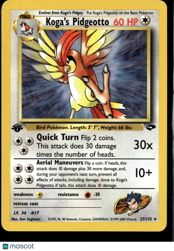 Koga's Pidgeotto 2000 Gym Challenge Holo Rare 1st Edition #27/132