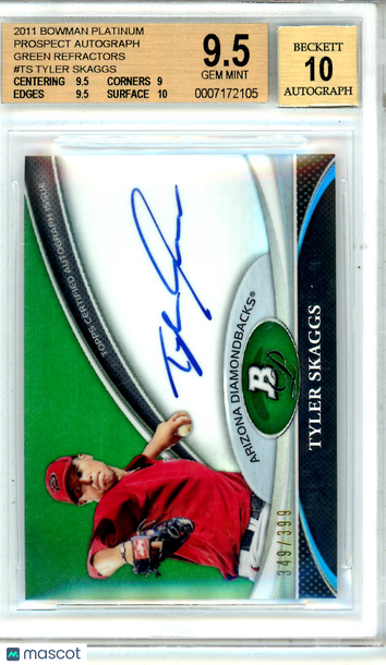 2011 Bowman Platinum Prospect Autograph Green Refractors Tyler Skaggs #TS /399 BGS 9.5 Auto 10