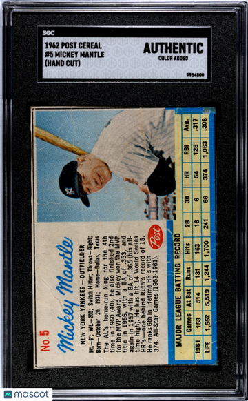 1962 Post Cereal Mickey Mantle #5 SGC A