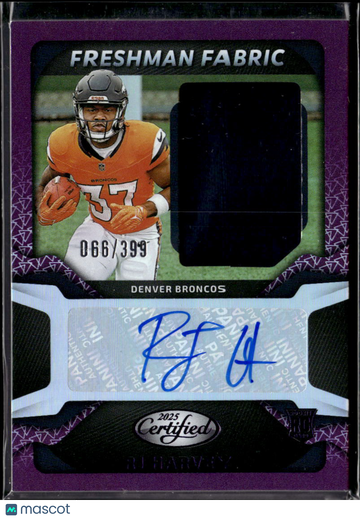 2025 Panini Certified Freshman Fabric RJ Harvey #FBC-RHY Purple /399 Authentic Memorabilia Freshman Fabric