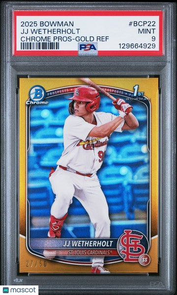 2025 Bowman Chrome Prospects JJ Wetherholt #BCP22 Gold Ref /50 PSA 9