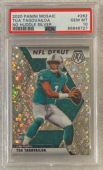 2020 Panini Mosaic Tua Tagovailoa RC #262 NFL Debut No Huddle Silver Prizm SP PSA 10