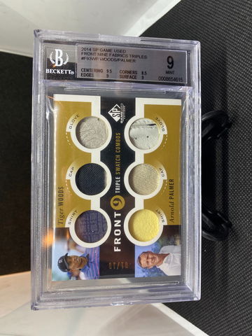 2014 SP GAME USED FRONT NINE FABRICS TRIPLES #F93WP Tiger Woods Arnold Palmer BGS 9 /10