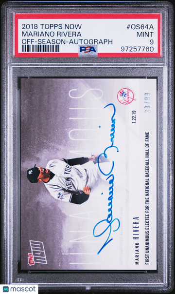 2018 Topps Now Off-Season Mariano Rivera #OS64A Autograph /99 PSA 9