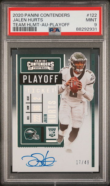 2020 Panini Contenders Team Helmet Variation Playoff Ticket Autograph Jalen Hurts #122B /49 PSA 9